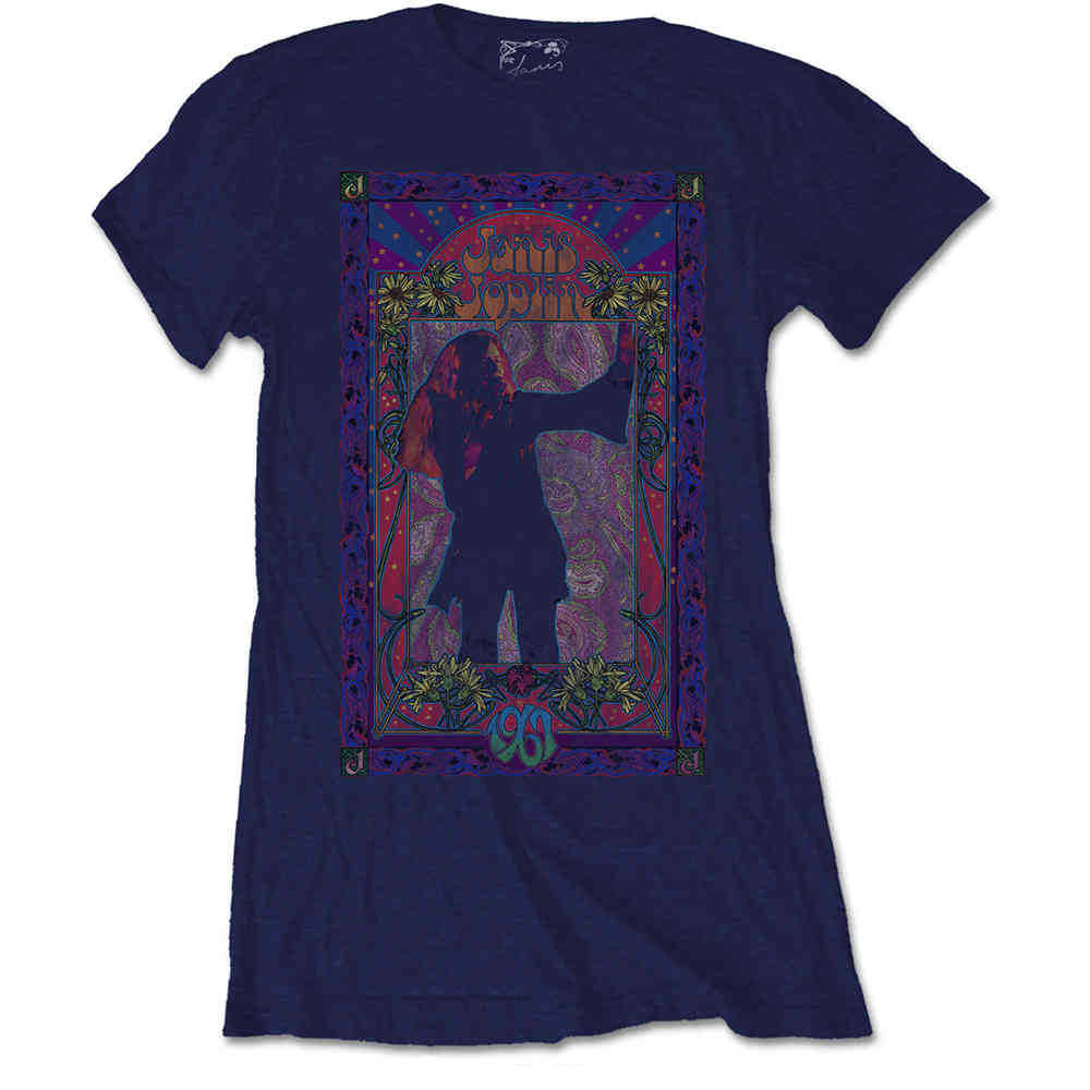 Janis Joplin - Paisley & Flowers Frame Ladies Tshirt - Blue